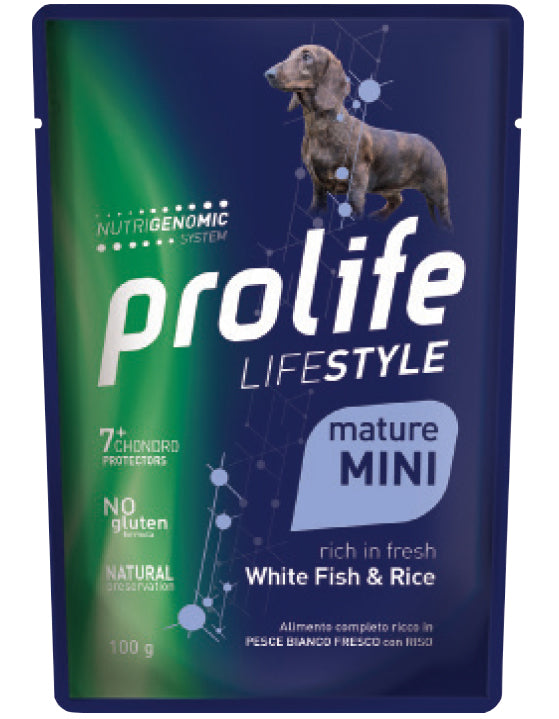 Alimento umido Prolife Life Style Mini Mature Pesce Bianco e Riso 100 g per cani maturi di taglia piccola Alimento umido Prolife Life Style Mini Mature Pesce Bianco e Riso 100 g per cani maturi di taglia piccola
